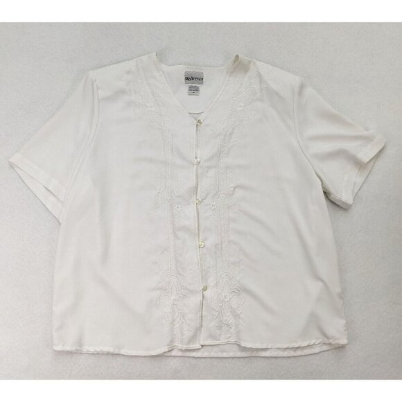 Apparenza Women's Top Size 1X White Embroidered Short Sleeve Silky Textured - Picture 5 of 13